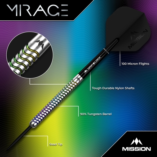 Mission Mirage Steeldarts sind für das Dartspiel entwickelt. Diese Aufnahme stellt das Modell in Nahaufnahme dar.