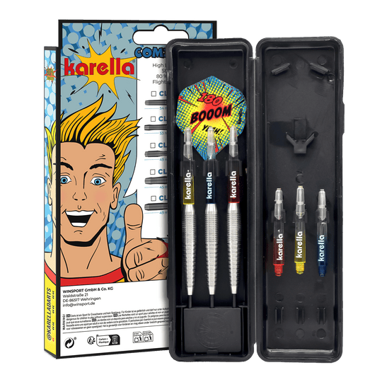 Lotki stalowe Karella Comic Line CL-5 - 21g Abgebildet sind die Karella Comic Line CL-5 Steeldarts - 21g. Diese Steeldarts zeichnen sich durch ein Comic-Design aus.