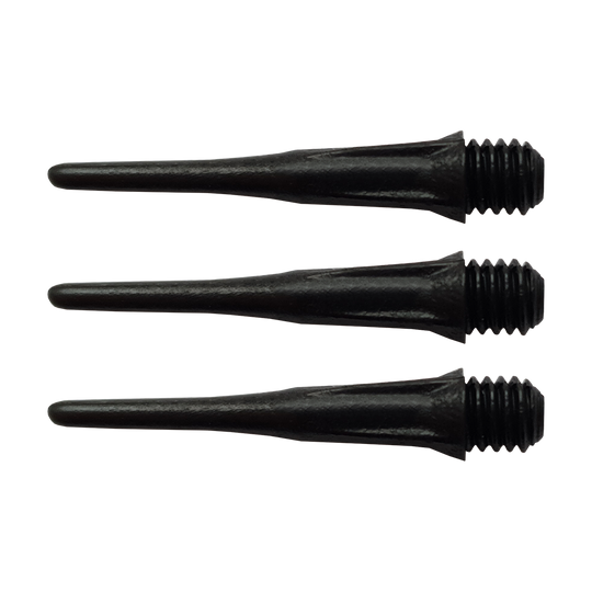 Das Bild zeigt drei schwarze Softdartspitzen mit Gewinde. Es handelt sich um Karella Ultimo Softdartspitzen, die im 50er-Pack erhältlich sind.