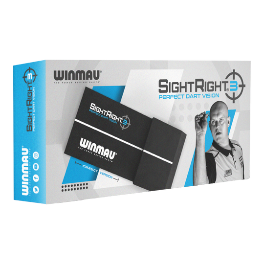Winmau SightRight 3 - Kompaktowy Die Abbildung zeigt die Verpackung des Produkts "Winmau SightRight 3 - Compact". Auf der Box ist ein Dartspieler zusammen mit dem Produkt abgebildet, das für perfektes Dart-Zielen entwickelt wurde.