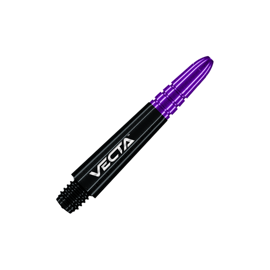 Winmau Vecta Shafts - Schwarz Lila Das Bild zeigt einen schwarzen und lila Dart-Schaft mit der Aufschrift "VECTA". Der Schaft hat ein modernes, glänzendes Design und misst 34 mm.