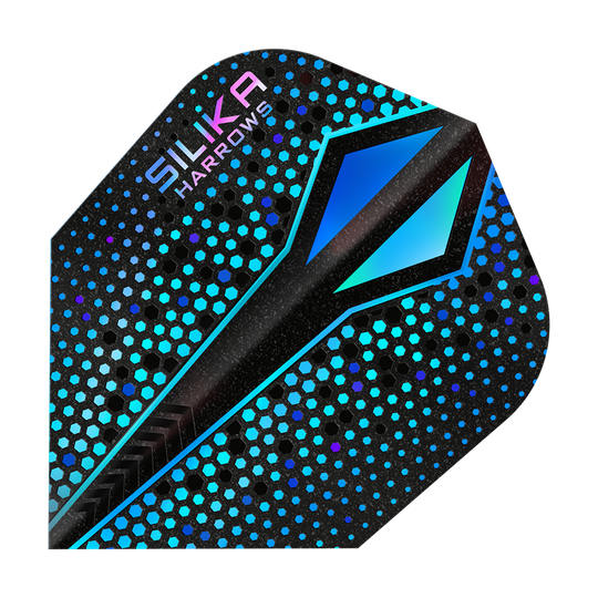 Harrows Silika Colorshift Twarda powłoka krystaliczna Blue-X No6 Loty Das Bild zeigt ein Dart-Flight mit dem Namen "Harrows Silika Colourshift Tough Crystalline Coating Blue-X No6". Das Flight hat ein modernes Design mit blauen und schwarzen hexagonalen Mustern und einer glänzenden Oberfläche.