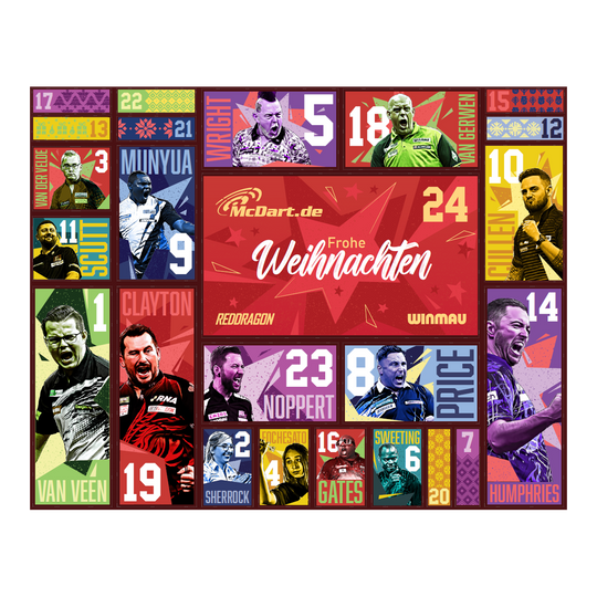 Kalendarz adwentowy McDart Steel Darts 2026 Der McDart Steel-Darts Adventskalender 2026 ist auf diesem Bild zu sehen. Die Verpackung zeigt attraktive Darts-Motive und weihnachtliches Design.