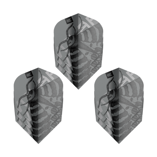 Target Pro Ultra Volar No6 Flights - 3 zestawy Das Bild zeigt drei Sets von Target Pro Ultra Volar No6 Flights. Die Flights sind grau mit einem schwarzen Insektenmuster gestaltet.