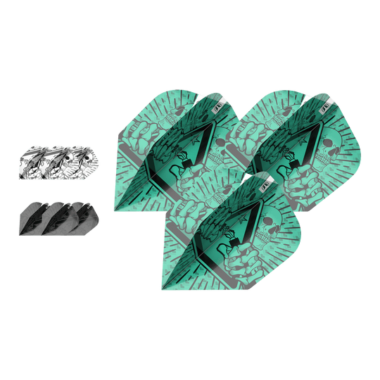 Target Ink Bundle 3 Zestawy Rob Cross No6 Loty Das Bild zeigt drei verschiedene Sets von Dartflights aus dem "Target Ink Bundle 3 Sets Rob Cross No6 Flights". Die Flights haben auffällige Designs in Grün, Schwarz und Weiß mit grafischen Motiven.