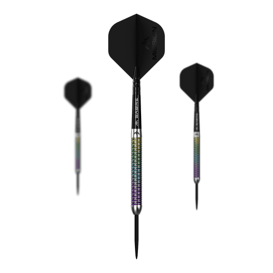 Zu sehen ist ein Set der Mission Kaleidos Steeldarts. Mehrere Darts liegen nebeneinander aufgereiht.