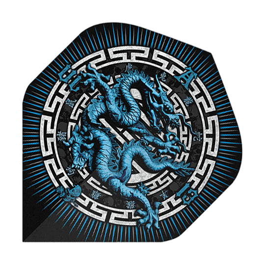 Das Bild zeigt das Produkt "Alchemy Year Of The Dragon No2 Standard Flights". Auf dem Flight ist ein blauer Drache in einem dekorativen, kreisförmigen Muster abgebildet.