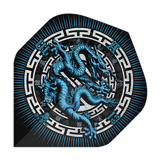 Alchemia Rok Smoka Nr 2 Standardowe Loty Das Bild zeigt das Produkt "Alchemy Year Of The Dragon No2 Standard Flights". Auf dem Flight ist ein blauer Drache in einem dekorativen, kreisförmigen Muster abgebildet.
