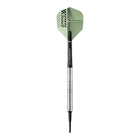 Harrows sterujące równoległe Softdarts Das Bild zeigt einen Harrows Control Parallel Softdart mit einem silbernen und schwarzen Schaft. Die Dartflügel sind grün gemustert und tragen das Markenlogo.