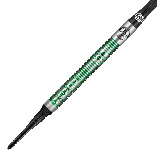Shot Pro-Series Stowe Buntz 2 miękkie lotki - 21g Das Bild zeigt einen Shot Pro-Series Stowe Buntz 2 Softdart mit einem Gewicht von 21g. Der Dart hat ein silbernes und grünes Design mit feinen Gravuren und Mustern.