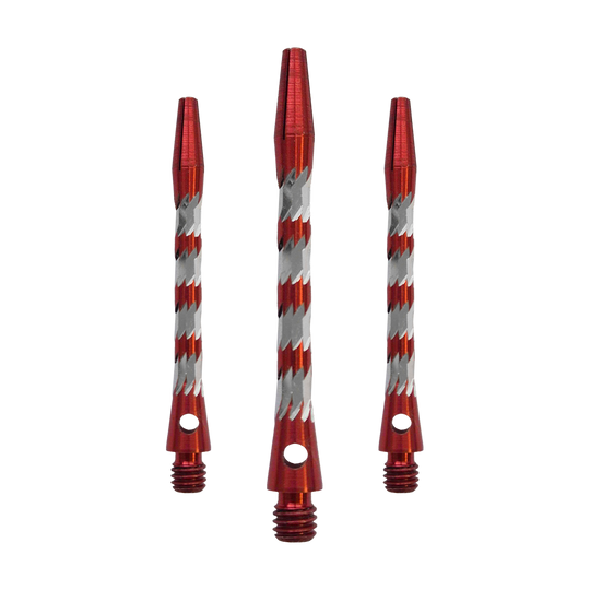 Aluminiowe wałki Bulls NL Minor - czerwone - 46 mm Bulls NL Minor Aluminium Shafts in Rot, 46 mm lang. Das Bild zeigt ein Set roter Aluminiumschäfte für Dartpfeile.