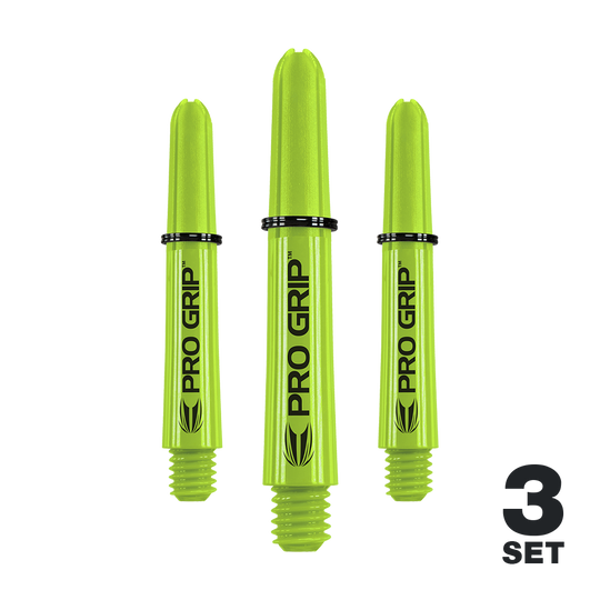 Uchwyty Target Pro Grip - 3 zestawy - limonkowy Das Bild zeigt drei limegrüne Pro Grip Shafts für Dartpfeile. Unten rechts steht "3 Set", was anzeigt, dass es sich um ein Set mit drei Stück handelt.