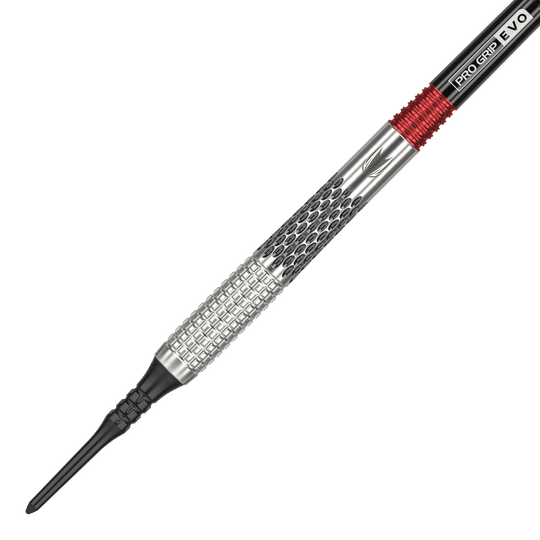 Lotki miękkie Target Stephen Bunting GEN5 - 18 g Das Bild zeigt einen Target Stephen Bunting GEN5 Softdart mit einem Gewicht von 18g. Der Dart hat ein silbernes Griffstück mit schwarzen und roten Akzenten.