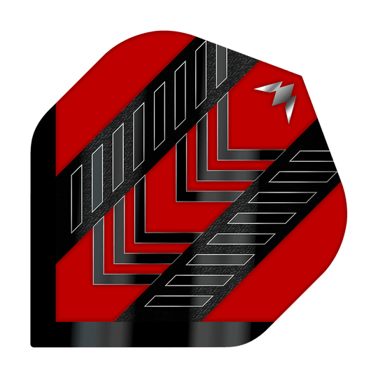 Das Bild zeigt das Produkt "Mission Solo Rogue No2 Standard Flights". Das Flight ist rot mit schwarzen und silbernen Mustern und einem kleinen silbernen Symbol in der Ecke.