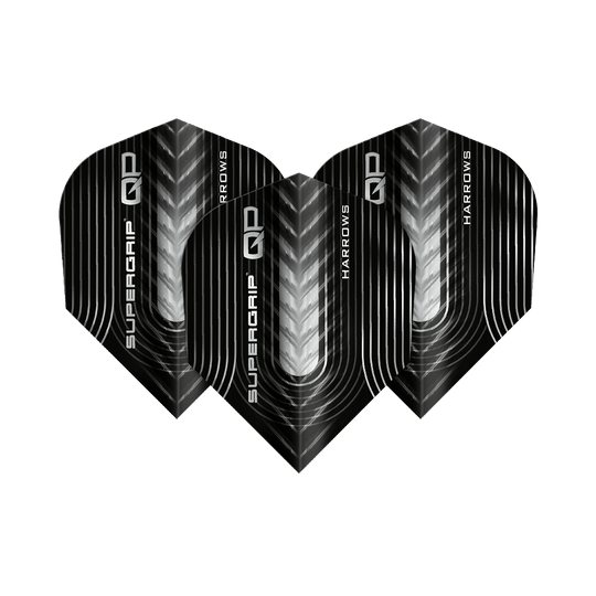 Loty Harrow's Supergrip QP No6 Harrows Supergrip QP No6 Flights sind Dartflights mit besonderem Design. Dieses Bild zeigt ein Set dieser Flights.