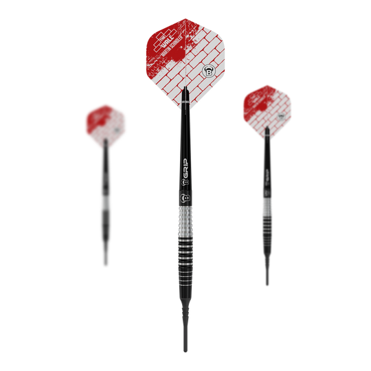 Bulls Martin Schindler Original Generation 3 miękkie lotki Das Bild zeigt drei Softdarts des Modells „Bulls Martin Schindler Original Generation 3“. Die Darts haben schwarz-silberne Schäfte und rot-weiße Flights mit Ziegelmuster.