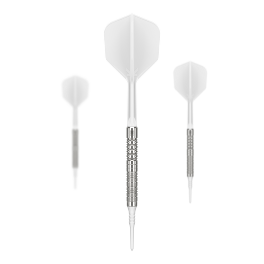 Das Bild zeigt drei Softdarts mit silbernem Griff und weißen Flügeln. Es handelt sich um das Produkt "Target Japan Crux Honor Softdarts - 18,5g".