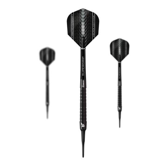 Miękkie lotki Harrows Supergrip Black Edition Das Bild zeigt drei Harrows Supergrip Black-Edition Softdarts in schwarzem Design. Die Darts haben schlanke Griffe und moderne Flights mit weißen Akzenten.