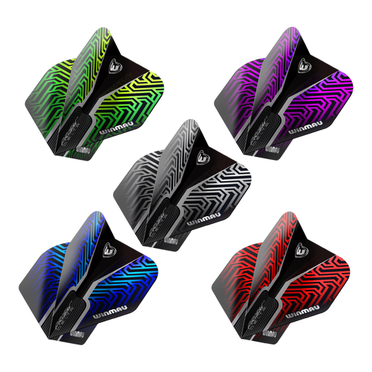 Abgebildet ist die Winmau Prism Delta No2 Standard Flight Collection. Die Flights sind für Dartpfeile konzipiert.