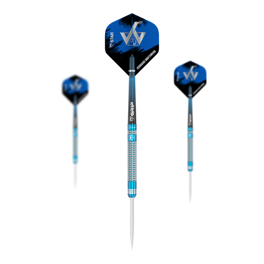Bulls Jermaine Wattimena Generacja 3 stalowe lotki Das Bild zeigt drei Steeldarts des Modells "Bulls Jermaine Wattimena Generation 3". Die Darts haben blaue Flights mit weißen Initialen und silber-blau gestreifte Schäfte.