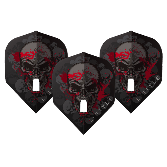 Das Bild zeigt drei schwarze Dart-Flights mit einem Totenkopf-Design und roten Farbspritzern. Unten auf den Flights steht der Schriftzug "L-STYLE".