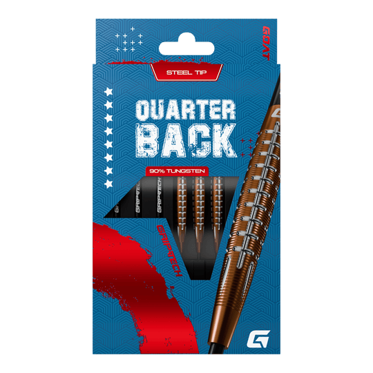 Lotki GOAT Quarterback V1 ze stali wolframowej Das Bild zeigt die GOAT Quarterback V1 Tungsten Steeldarts in einer blauen Verpackung. Die Darts bestehen zu 90% aus Tungsten und haben eine Stahlspitze.