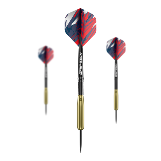 Das Bild zeigt drei Steeldarts mit goldfarbenem Griff und rot-blau gemusterten Flights. Auf dem Schaft steht das Wort "GRIP-TECH".