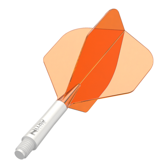 Red Dragon Nitroflite Biały trzonek Pomarańczowe lotki nr 2 Abgebildet ist ein Dart-Schäfte-Set mit weißem Schaft und orangen Flights. Das Produkt scheint ein Red Dragon Nitroflite Modell in kurzer Ausführung zu sein.