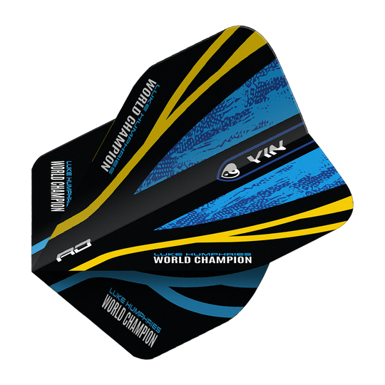 Czerwony Smok Luke Humphries Mistrz Świata Blue Gold Yin Yang Standard Flights Das Bild zeigt das Produkt "Red Dragon Luke Humphries World Champion Blue Gold Yin Yang Standard Flights". Das Design ist schwarz mit blauen und goldenen Akzenten sowie der Aufschrift "WORLD CHAMPION".