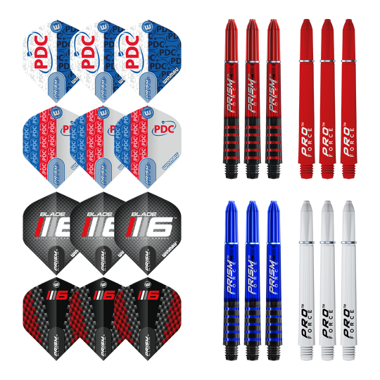 Das Bild zeigt das "Winmau PDC Ultimate Practice Accessory Kit" mit verschiedenen Dart-Flights und Dart-Schäften. Es sind jeweils vier Sets in unterschiedlichen Farben und Designs abgebildet.