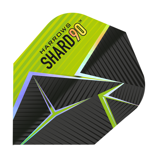 Das Bild zeigt ein Dart-Flight mit dem Namen „Harrows Prime Shard No6“. Das Design ist schwarz und gelb mit geometrischen Linien und dem Aufdruck „SHARD 90“.