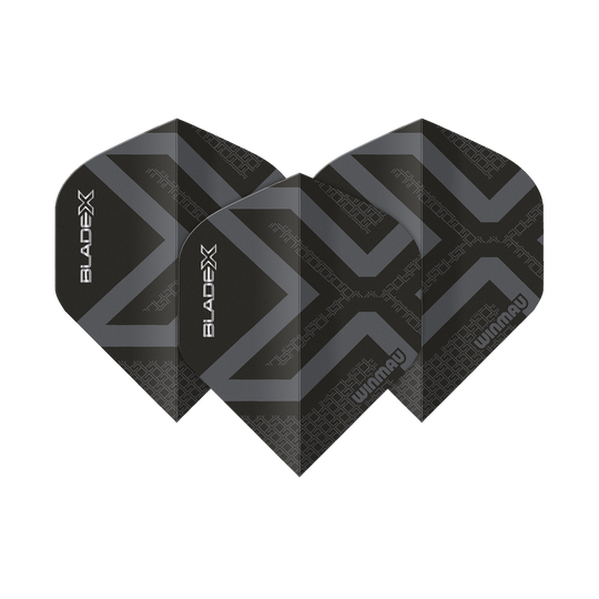 Abgebildet ist ein Winmau Prism Delta Blade X Metallic Black No2 Standard Flight. Das Produkt erscheint in schwarzer Metallic-Farbe.