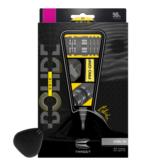 Stalowe lotki Target Bolide Void 04 Swiss Point Das Bild zeigt die Verpackung der "Target Bolide Void 04 Swiss Point Steeldarts". Die Darts bestehen zu 90 % aus Tungsten und haben eine Stahlspitze.