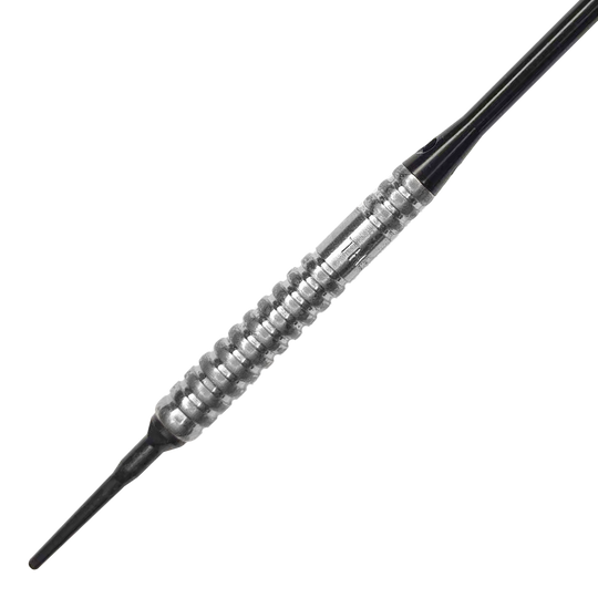 Lotki McDart 85 Tungsten V20 Soft Darts - 17g Auf dem Bild ist ein McDart 85er Tungsten V20 Softdart mit einem Gewicht von 17g zu sehen. Der Dartpfeil hat eine silberne, geriffelte Griffzone und eine schwarze Spitze.