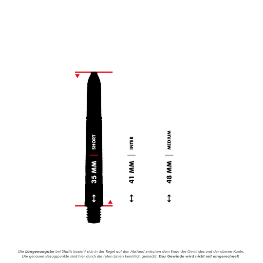 Das Bild zeigt verschiedene Längenangaben für Dart-Shafts, darunter 35 mm (Short), 41 mm (Inter) und 48 mm (Medium). Die Messung erfolgt vom Ende des Gewindes bis zur oberen Kante, das Gewinde wird dabei nicht mitgerechnet.