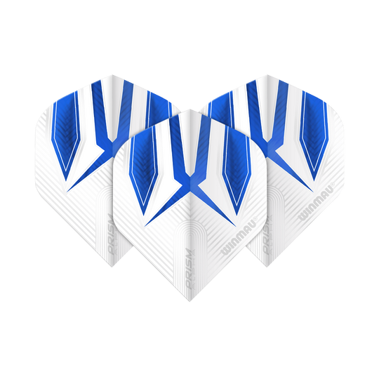 6915-112_Winmau_Prism_Alpha_6915-112_Standard_Flights_1imvzHQm1vls4O Das Bild zeigt drei Winmau Prism Alpha 6915.112 Standard Flights. Die Flights sind größtenteils weiß mit blauen und schwarzen Designelementen.