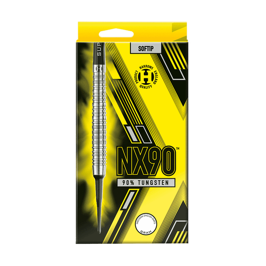 HA33768_Harrows_NX90_Softdarts_3 Die Abbildung zeigt die Softdarts "Harrows NX90" in einer gelb-schwarzen Verpackung. Auf der Vorderseite steht, dass die Darts aus 90 % Tungsten bestehen.