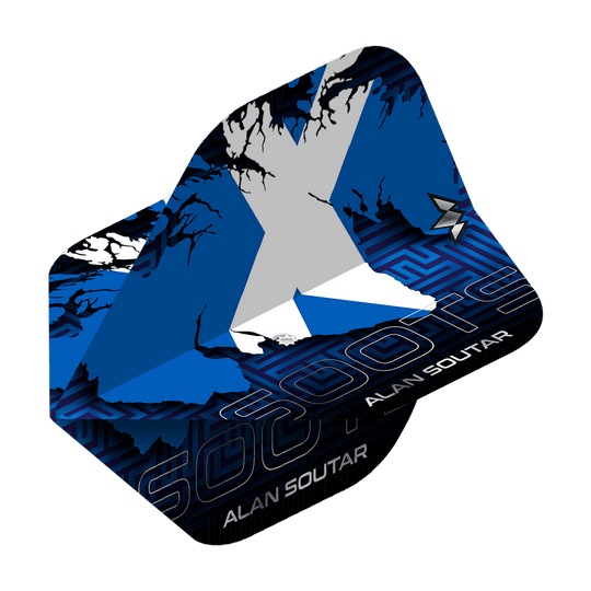 Das Bild zeigt das Produkt "Mission Alan Soutar No2 Standard Flights" mit einem blauen, schwarzen und weißen Design. Auf den Flights steht der Name "Alan Soutar" sowie ein markantes grafisches Muster.