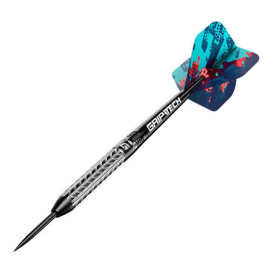 Lotki GOAT Traction ze stali wolframowej Das Bild zeigt einen GOAT Traction Tungsten Steeldart mit einer strukturierten Griffoberfläche und einer farbenfrohen Flight. Der Schaft trägt die Aufschrift "GRIPTECH" und die Spitze ist aus Stahl.