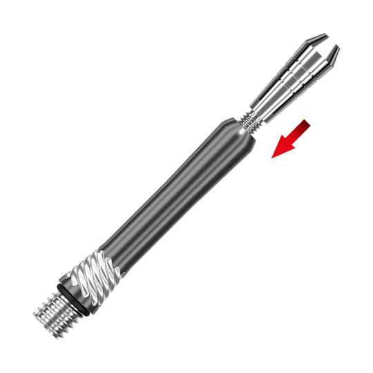 Das Bild zeigt den Target Power Titanium Shafts Ersatztop in Silber. Ein roter Pfeil markiert den austauschbaren oberen Teil des Shafts.
