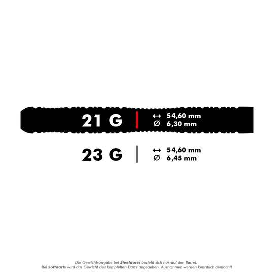 Stalowe lotki Winmau Brendan Dolan Dieses Bild zeigt die technischen Daten von Steeldarts mit 21 und 23 Gramm. Die Länge beträgt jeweils 54,60 mm, der Durchmesser beträgt 6,30 mm bei 21 g und 6,45 mm bei 23 g.