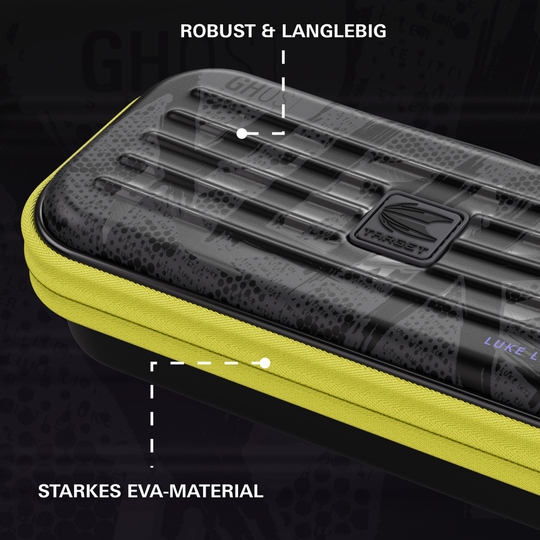 Etui na lotki Takoma Ghost Series Luke Littler Gezeigt wird das Takoma Ghost Series Luke Littler Dartcase. Die Tasche bietet Sicherheit und Komfort für alle Dart-Liebhaber.