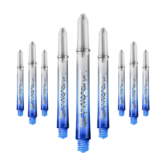 Target Pro Grip Vision Shafts - 3 zestawy - niebieskie Das Bild zeigt neun transparente Dartschäfte mit blauem unteren Ende. Auf den Schäften steht "Pro Grip" geschrieben.
