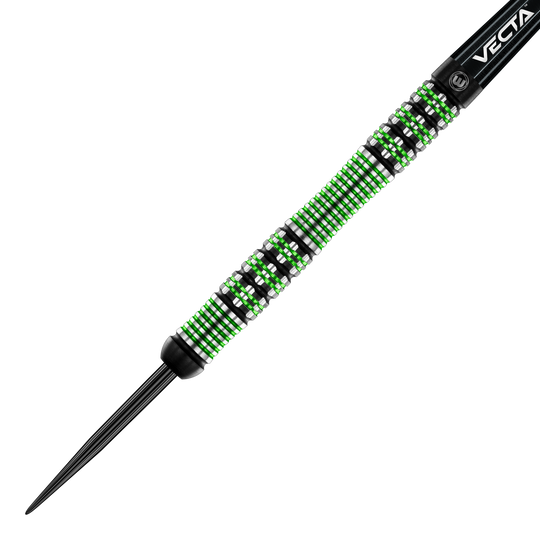 Stalowe lotki Winmau Brendan Dolan Das Bild zeigt einen Winmau Brendan Dolan Steeldart. Der Dartpfeil hat ein auffälliges Design mit grünen und silbernen Ringen am Barrel.