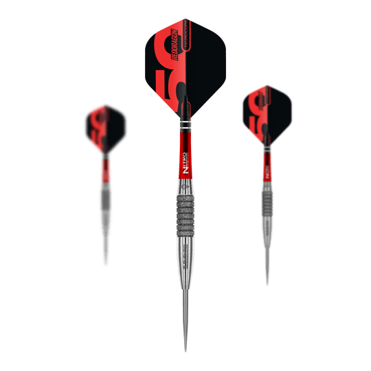 Rzutki stalowe Red Dragon Element 6 C z kolekcji 50 lat - 25 g Red Dragon 50 Year Collection Element 6 C Steeldarts mit 25g Gewicht. Das Bild zeigt das limitierte Edition Set der Steeldarts.