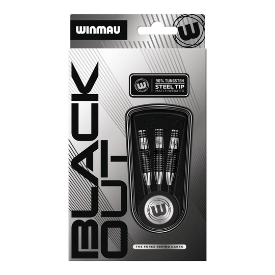 Gezeigt werden die Winmau Blackout Variante 2 Steeldarts. Diese aus Tungsten bestehenden Steeldarts sind für ambitionierte Dartspieler geeignet.