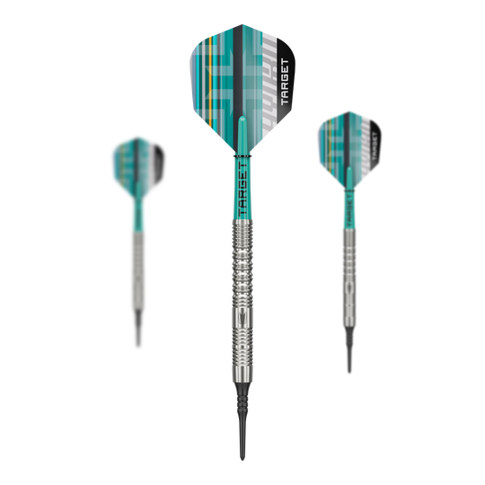 Target Hydro 12 miękkich rzutek Target Hydro 12 Softdarts sind hochwertige Softdarts für das Dartspiel. Das Bild zeigt das Design und die Verpackung dieses Produkts.