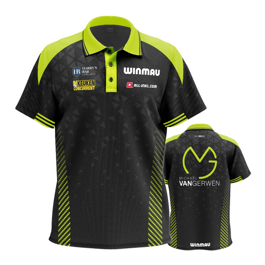 Koszulka polo Winmau Michael Van Gerwen Stage Auf dem Bild ist das Winmau Michael Van Gerwen Stage Poloshirt zu sehen. Dieses Poloshirt ist für Dart-Fans gestaltet.