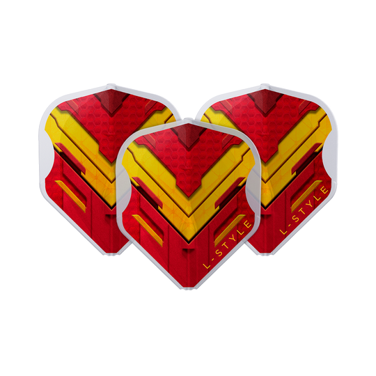 L-Style V-Series V1 Typ A Hiszpania Przezroczysta biel L1EZ Loty Das Bild zeigt drei Dart-Flights der Marke L-Style in den Farben Rot, Gelb und Weiß. Auf den Flights ist ein auffälliges, geometrisches Muster mit dem Schriftzug "L-STYLE" zu sehen.