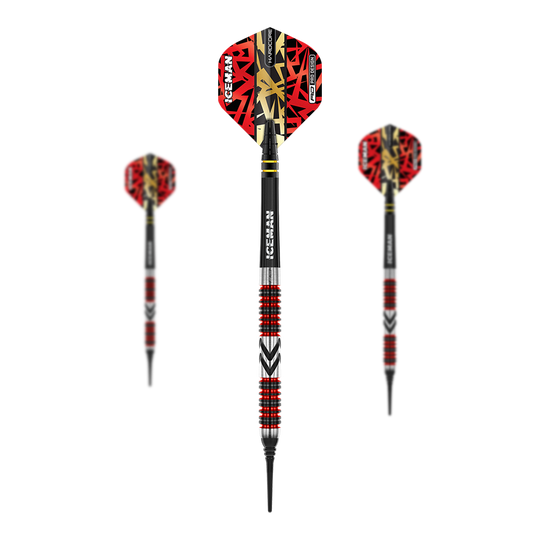 Miękkie rzutki Red Dragon Gerwyn Price Firebird - 20g Das Bild zeigt drei Softdarts des Modells "Red Dragon Gerwyn Price Firebird - 20g". Die Darts haben rote Flights mit schwarzem und goldfarbenem Muster sowie silberne und rote Ringe am Barrel.